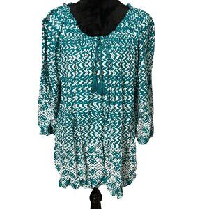 Faded Glory Blouse Womens 1X Teal White‎ Geometric Print Boho Tassel NWT